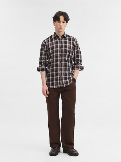 Brown & Black Checked Tailored Fit Semi Casual Shirt | JadeBlue