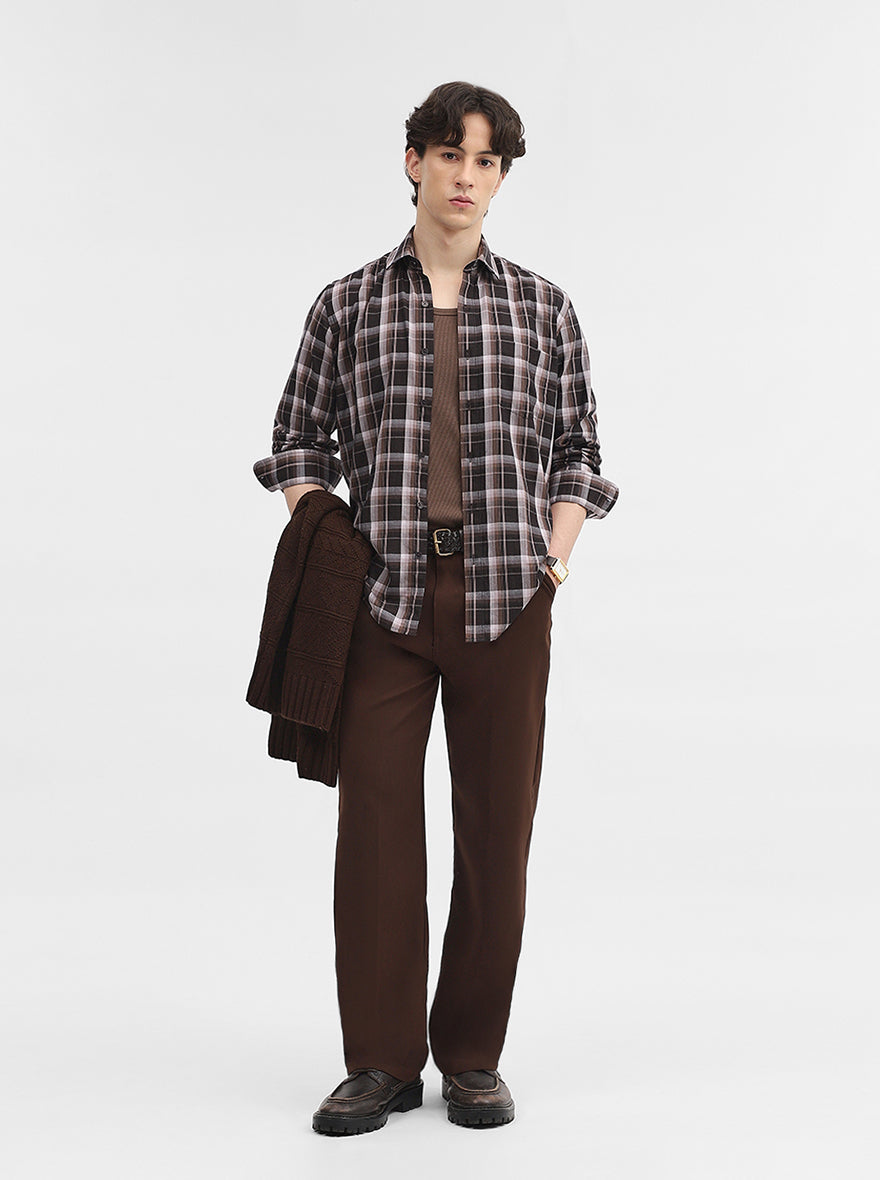 Brown & Black Checked Tailored Fit Semi Casual Shirt | JadeBlue