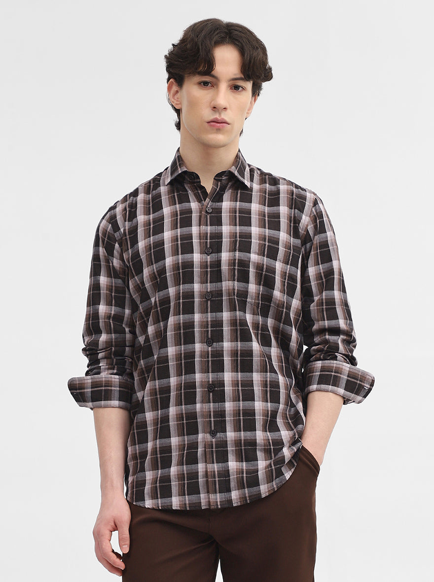 Brown & Black Checked Tailored Fit Semi Casual Shirt | JadeBlue