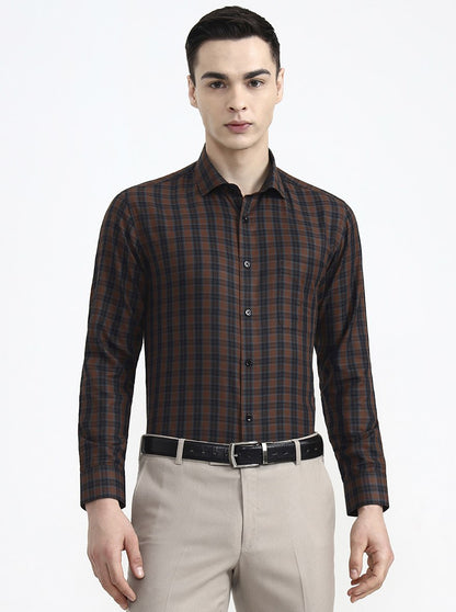 Brown & Blue Checked Slim Fit Formal Shirt | Greenfibre