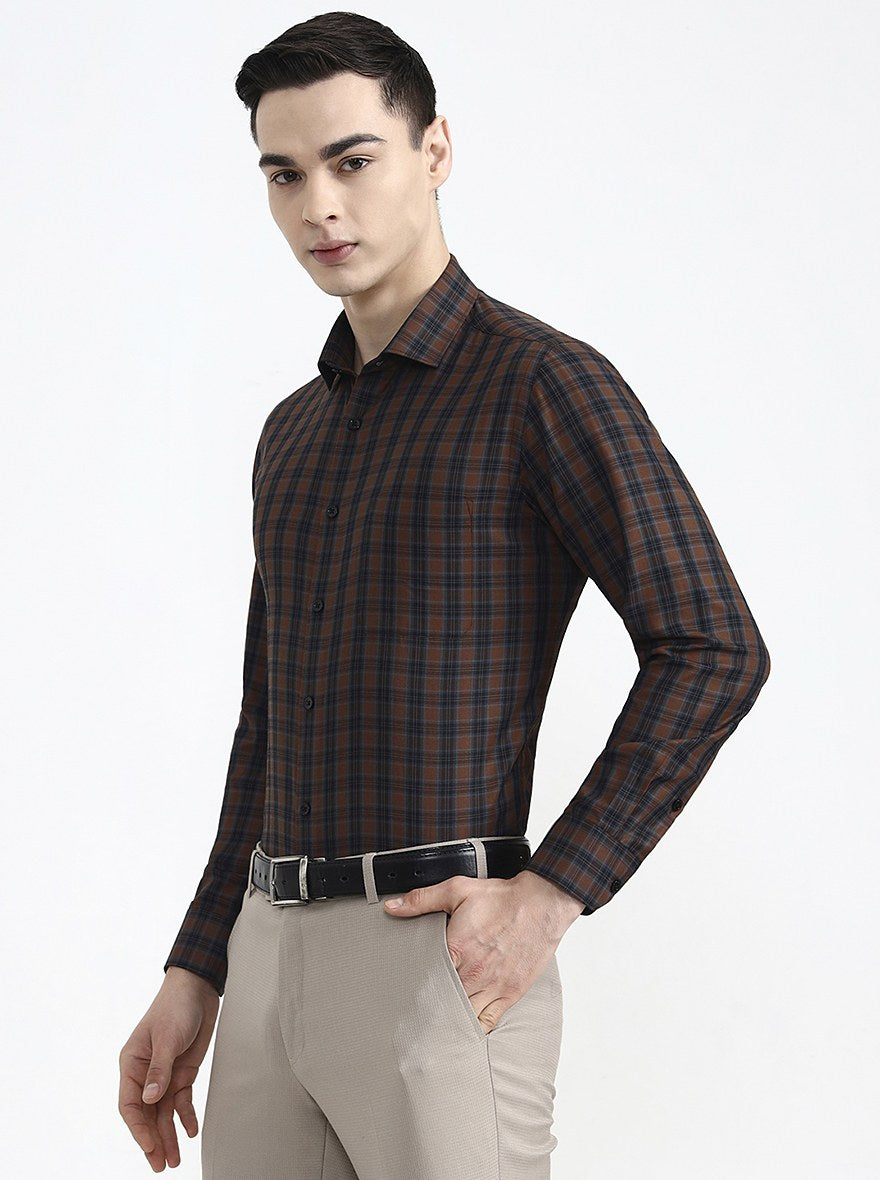 Brown & Blue Checked Slim Fit Formal Shirt | Greenfibre