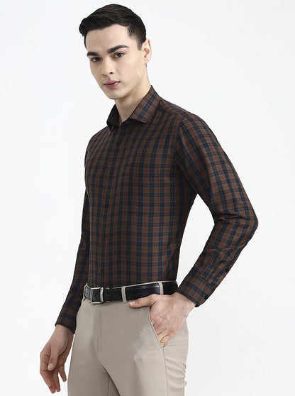 Brown & Blue Checked Slim Fit Formal Shirt | Greenfibre