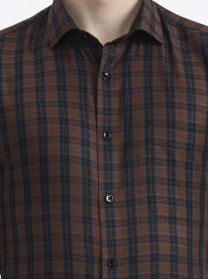 Brown & Blue Checked Slim Fit Formal Shirt | Greenfibre