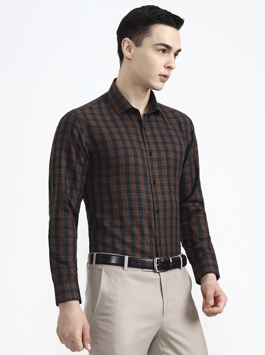 Brown & Blue Checked Slim Fit Formal Shirt | Greenfibre
