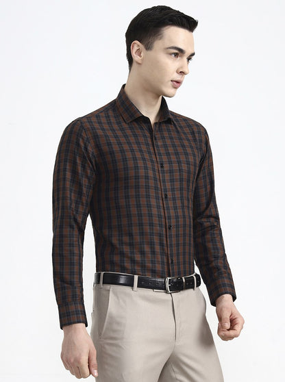 Brown & Blue Checked Slim Fit Formal Shirt | Greenfibre