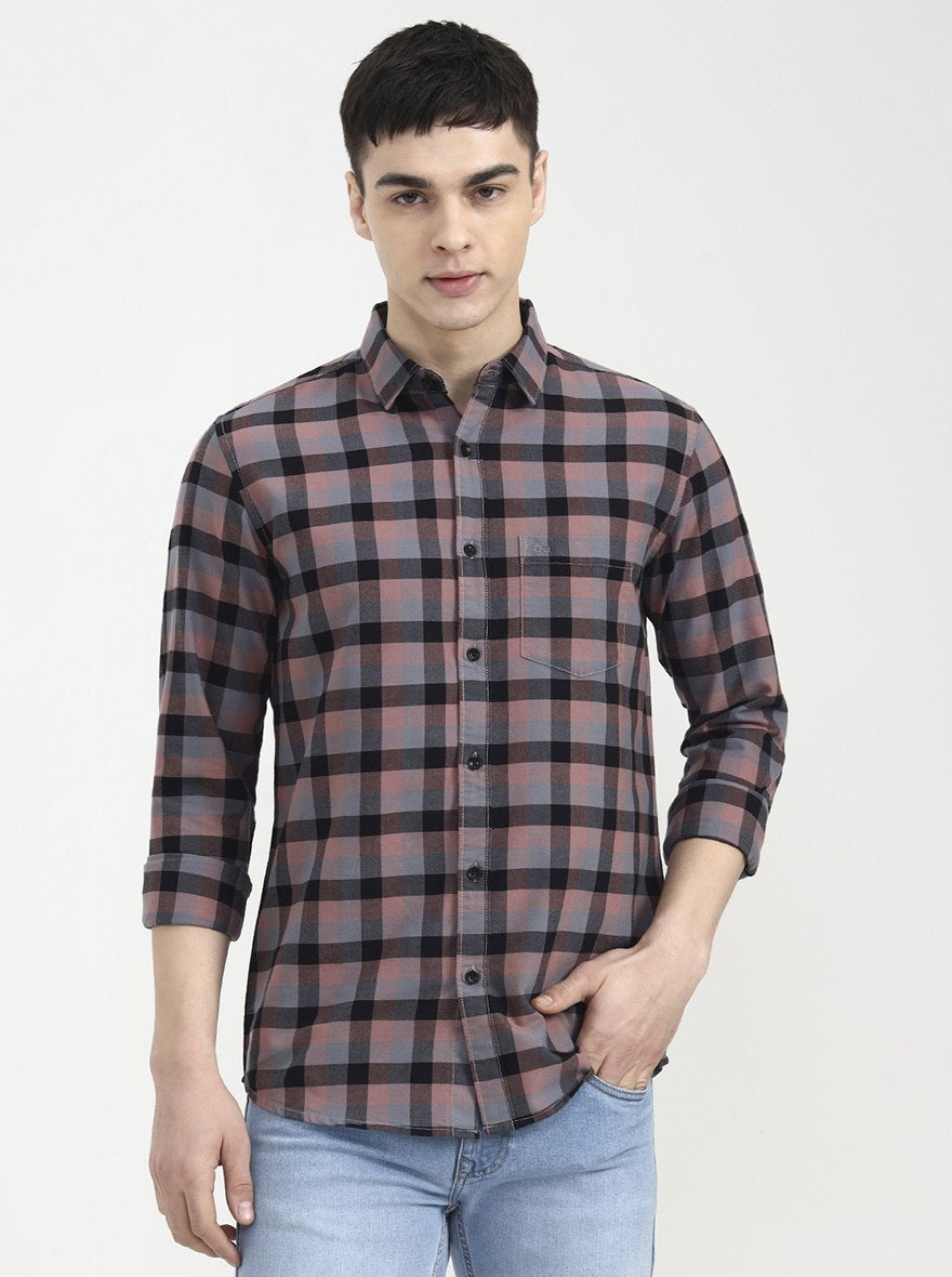 Dark Pink Checked Slim Fit Casual Shirt | JadeBlue