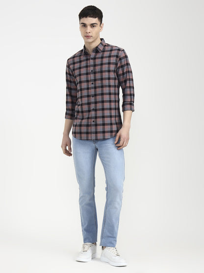 Dark Pink Checked Slim Fit Casual Shirt | JadeBlue