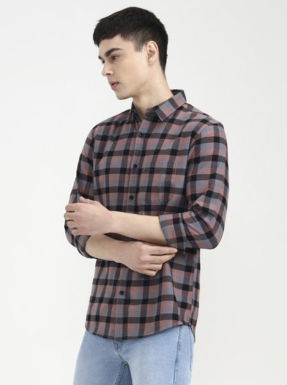 Dark Pink Checked Slim Fit Casual Shirt | JadeBlue