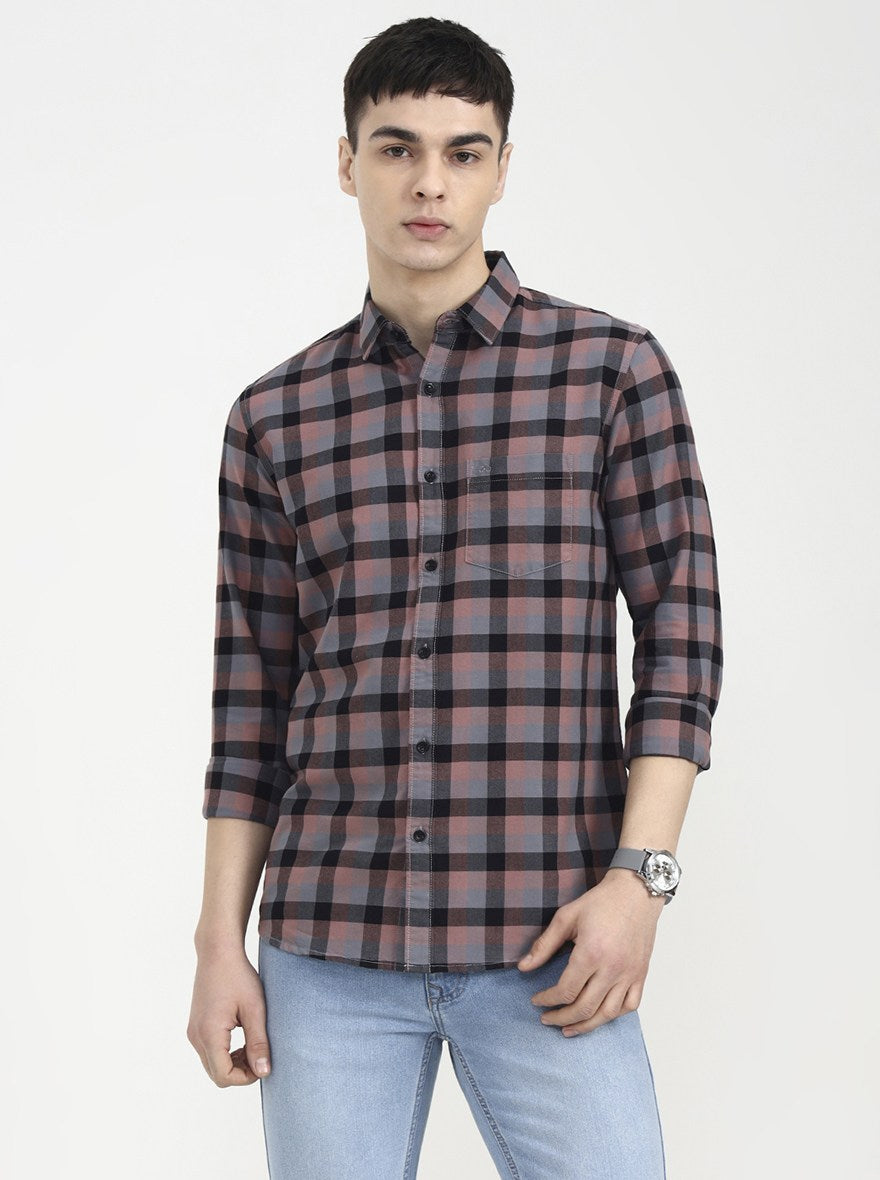 Dark Pink Checked Slim Fit Casual Shirt | JadeBlue