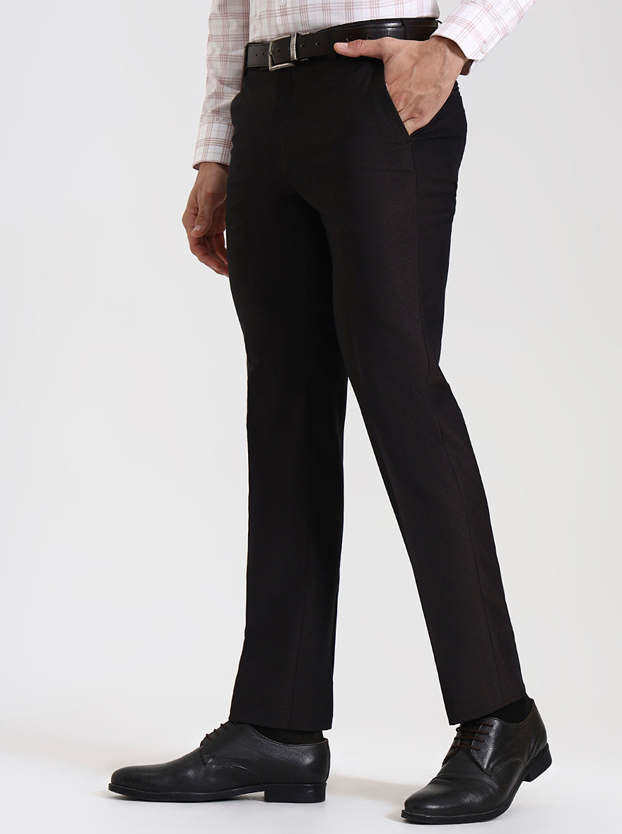 Dark Brown Solid Slim Fit Formal Trouser | Metal