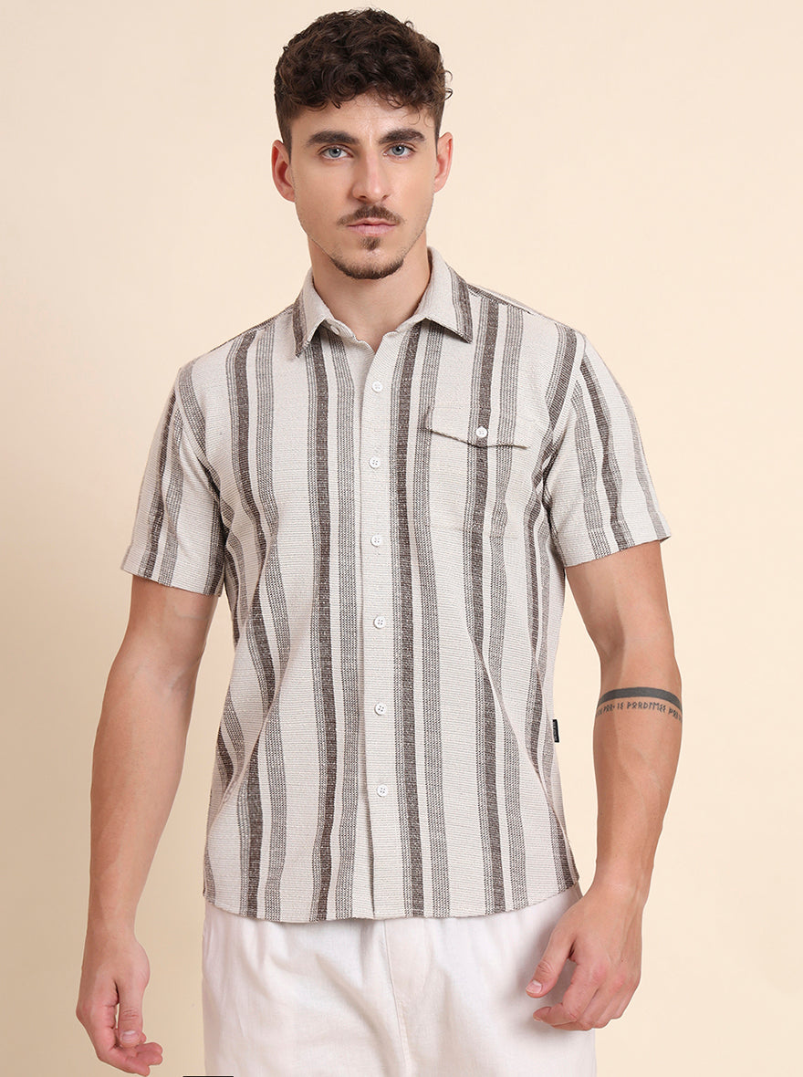 White & Brown Striped Slim Fit Casual Shirt | JadeBlue