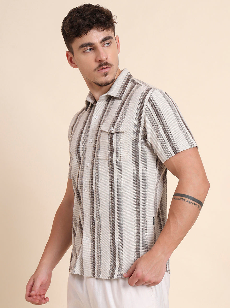 White & Brown Striped Slim Fit Casual Shirt | JadeBlue