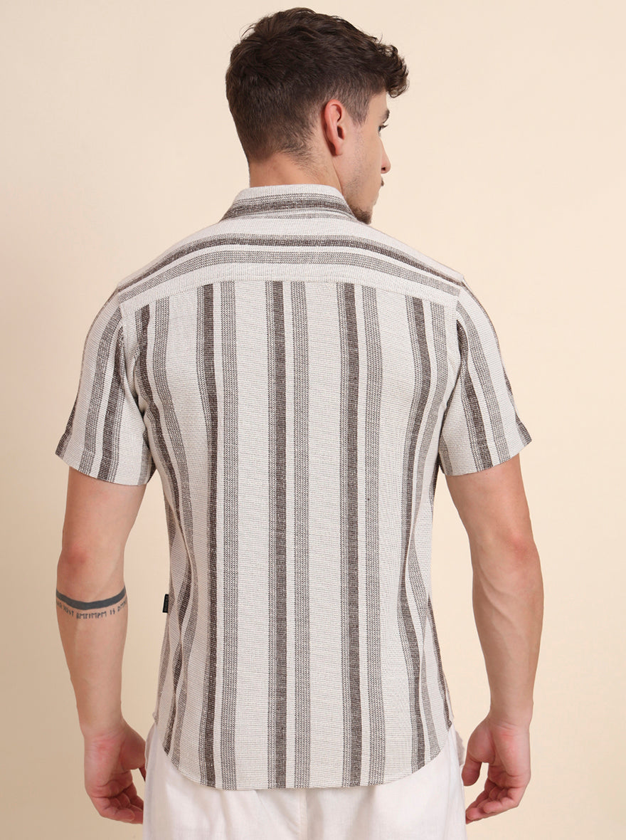 White & Brown Striped Slim Fit Casual Shirt | JadeBlue