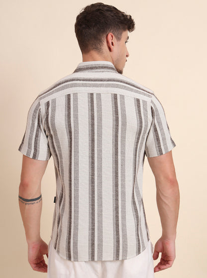 White & Brown Striped Slim Fit Casual Shirt | JadeBlue