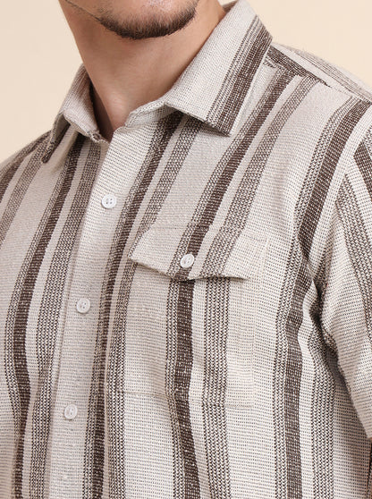 White & Brown Striped Slim Fit Casual Shirt | JadeBlue