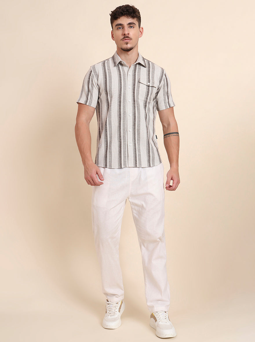 White & Brown Striped Slim Fit Casual Shirt | JadeBlue