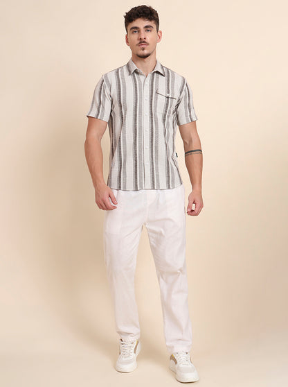 White & Brown Striped Slim Fit Casual Shirt | JadeBlue