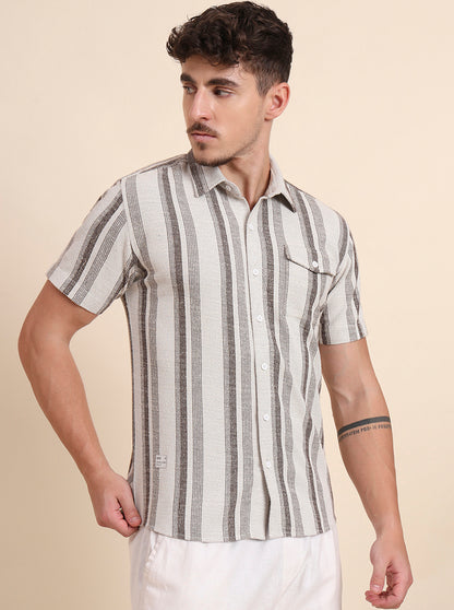 White & Brown Striped Slim Fit Casual Shirt | JadeBlue