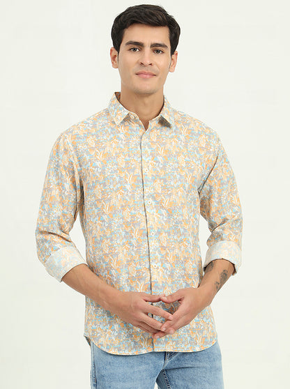 Yellow & Grey Printed Slim Fit Casual Shirt | Greenfibre