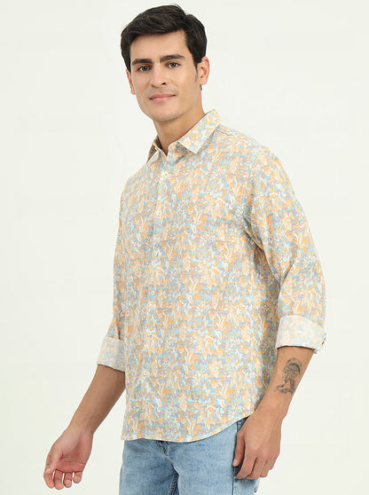Yellow & Grey Printed Slim Fit Casual Shirt | Greenfibre