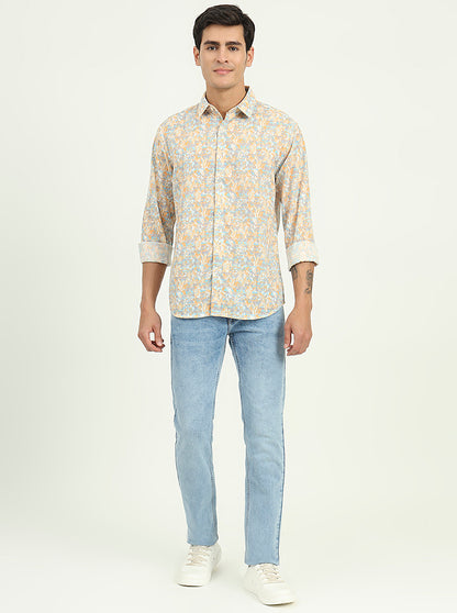 Yellow & Grey Printed Slim Fit Casual Shirt | Greenfibre