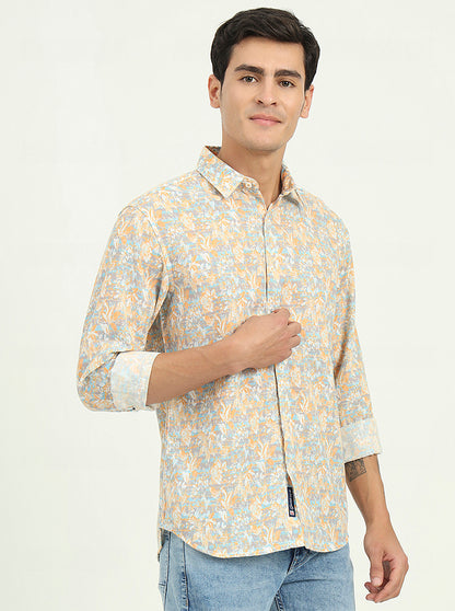 Yellow & Grey Printed Slim Fit Casual Shirt | Greenfibre