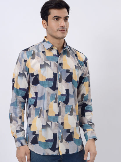 Grey & Blue Printed Slim Fit Casual Shirt | JadeBlue