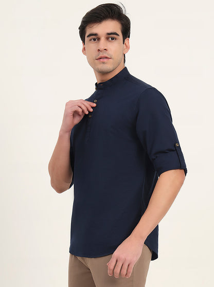 Navy Blue Solid Slim Fit Short Kurta | Greenfibre