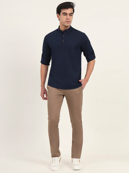 Navy Blue Solid Slim Fit Short Kurta | Greenfibre