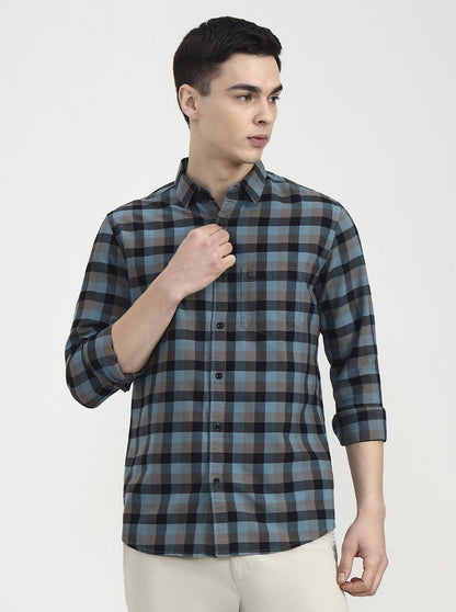 Dark Mint Checked Slim Fit Casual Shirt | JadeBlue