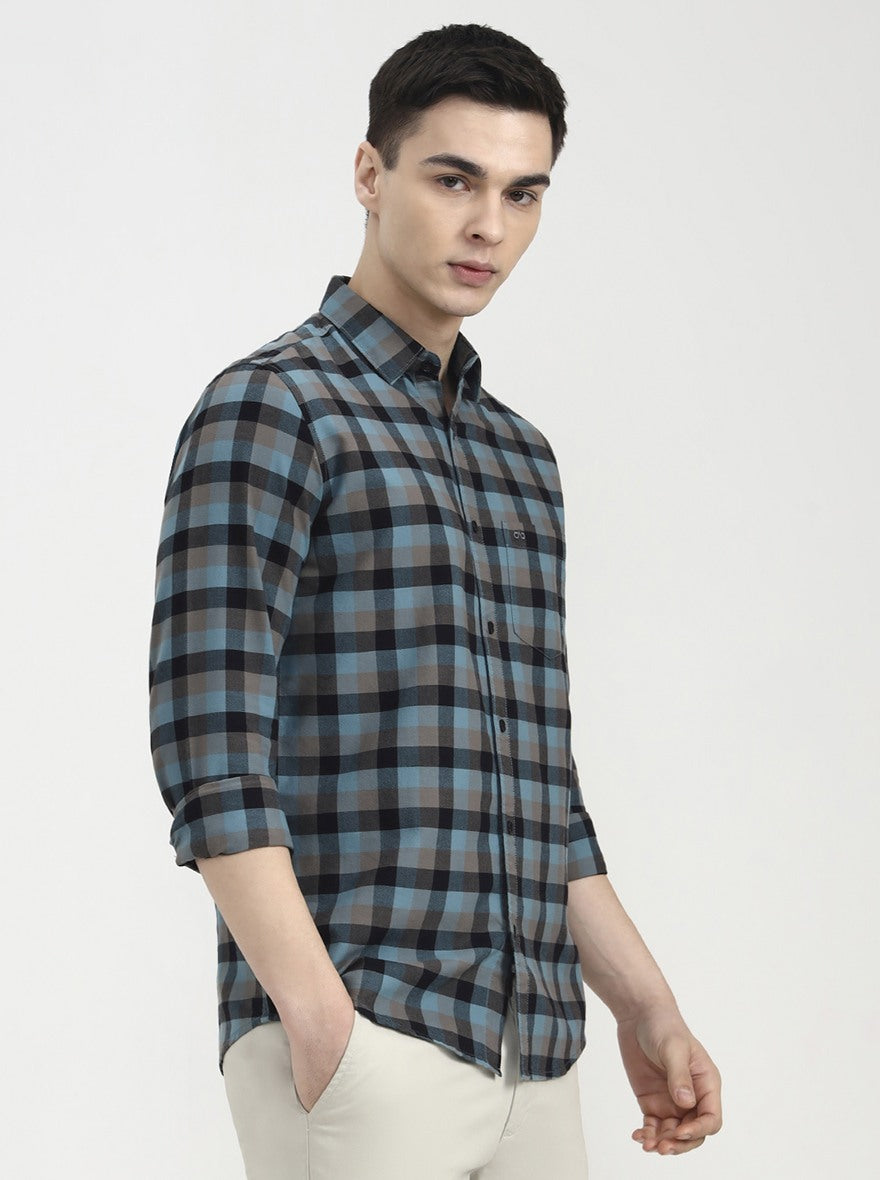 Dark Mint Checked Slim Fit Casual Shirt | JadeBlue