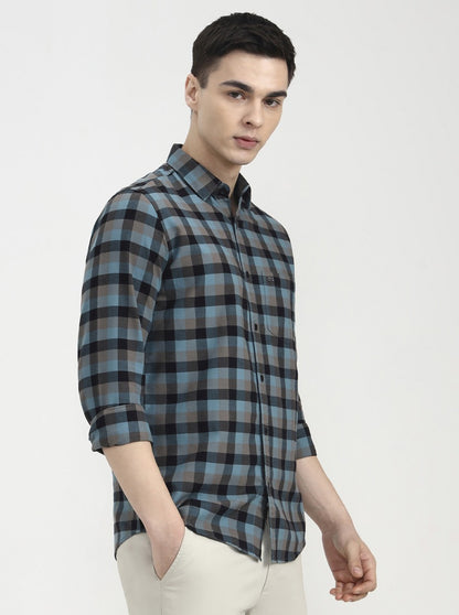 Dark Mint Checked Slim Fit Casual Shirt | JadeBlue