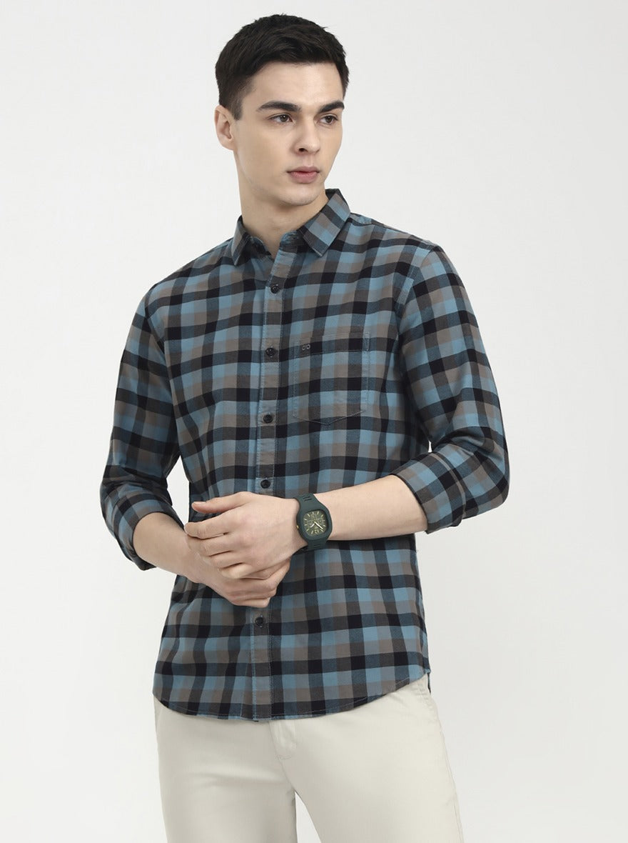 Dark Mint Checked Slim Fit Casual Shirt | JadeBlue