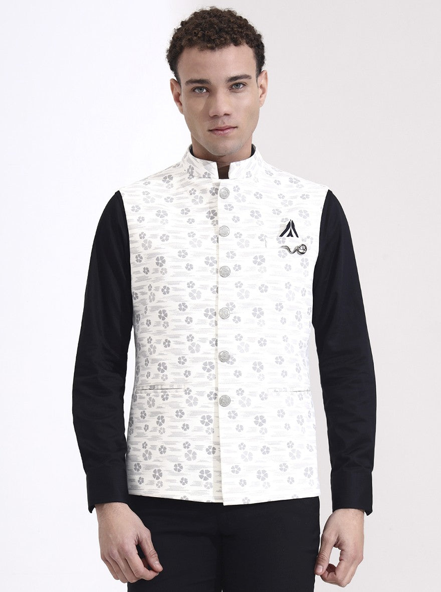 White Printed Regular Fit Waistcoat | Wyre