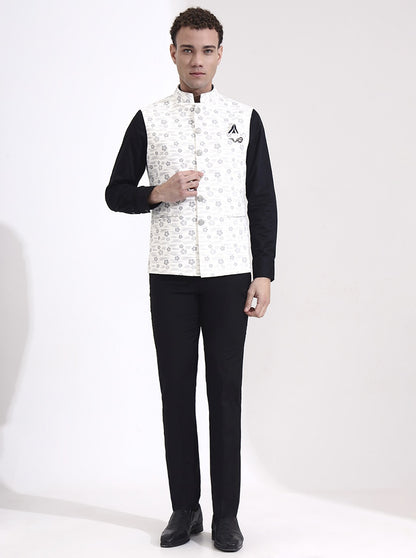 White Printed Regular Fit Waistcoat | Wyre