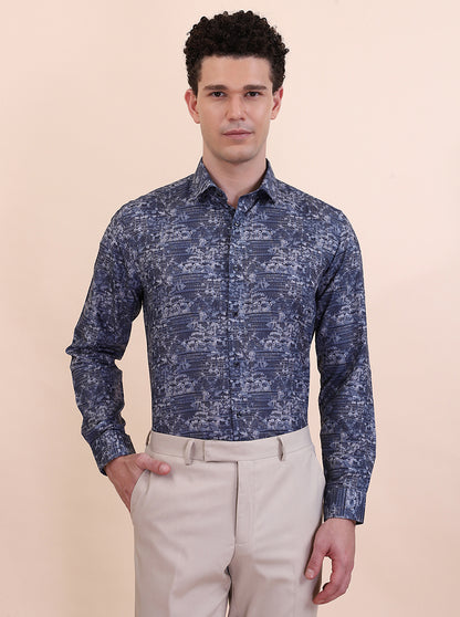 Blue Printed Slim Fit Party Wear Shirt | Greenfibre