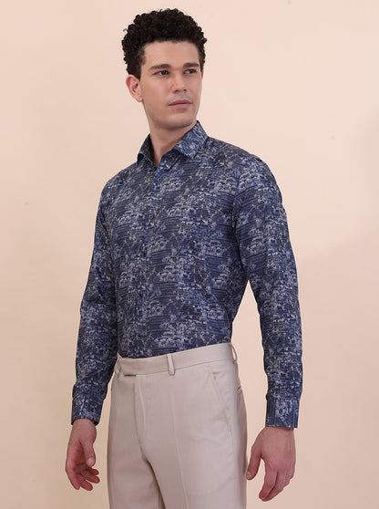 Blue Printed Slim Fit Party Wear Shirt | Greenfibre