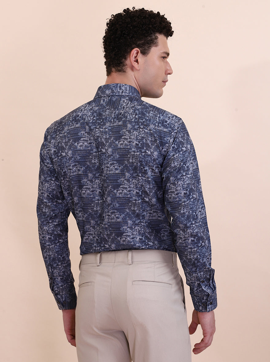 Blue Printed Slim Fit Party Wear Shirt | Greenfibre