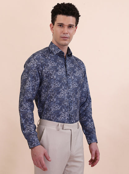 Blue Printed Slim Fit Party Wear Shirt | Greenfibre