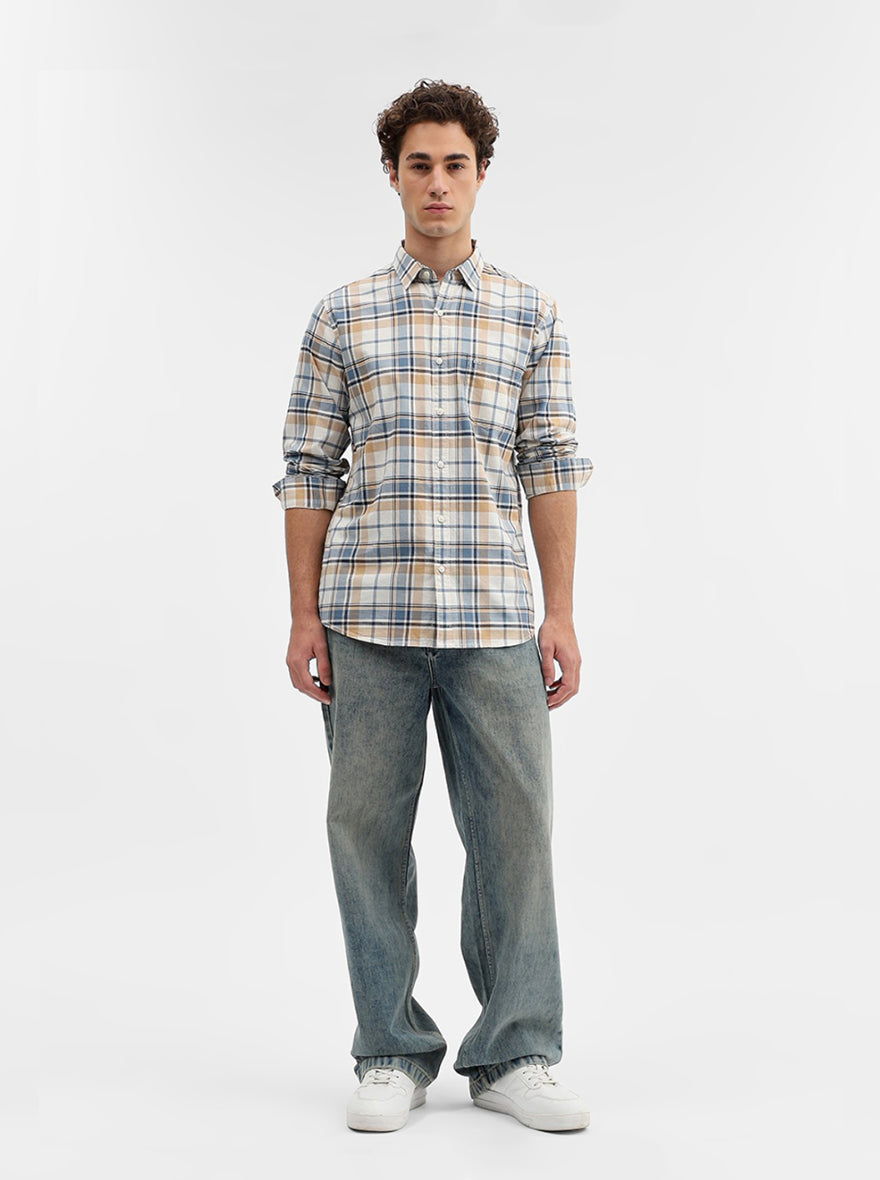 Blue Checked Slim Fit Casual Shirt | JadeBlue