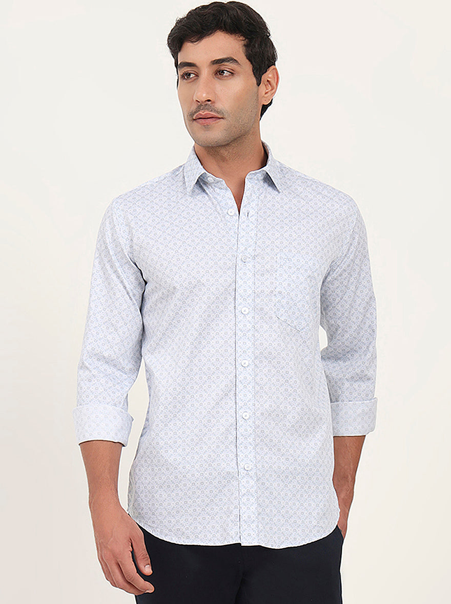 Light Blue Printed Slim Fit Semi Casual Shirt | JadeBlue