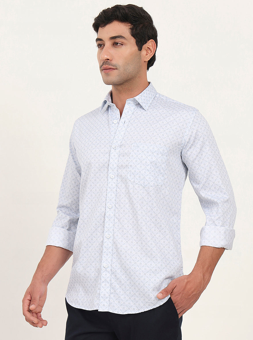Light Blue Printed Slim Fit Semi Casual Shirt | JadeBlue