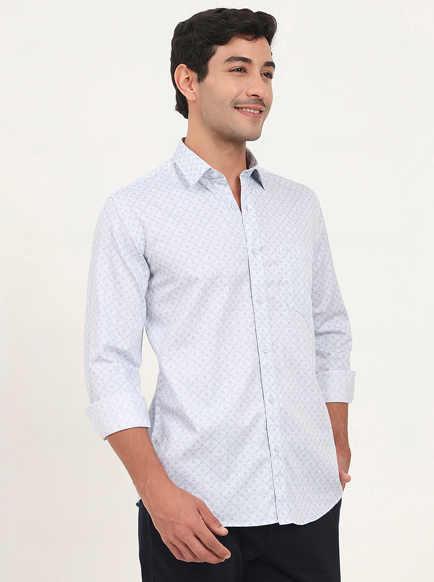 Light Blue Printed Slim Fit Semi Casual Shirt | JadeBlue
