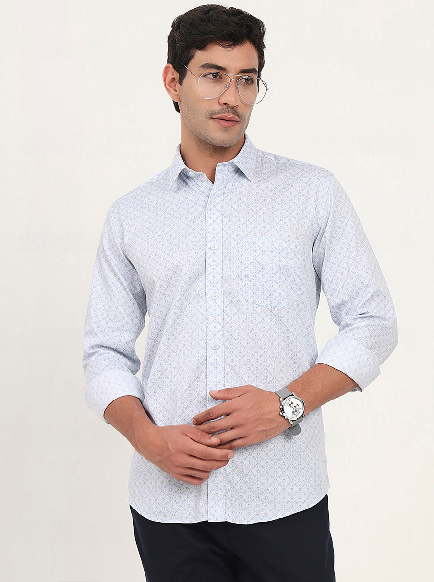 Light Blue Printed Slim Fit Semi Casual Shirt | JadeBlue
