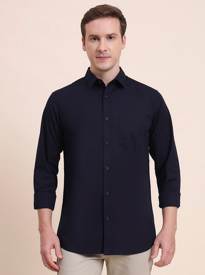 Navy Blue Solid Slim Fit Casual Shirt | JadeBlue