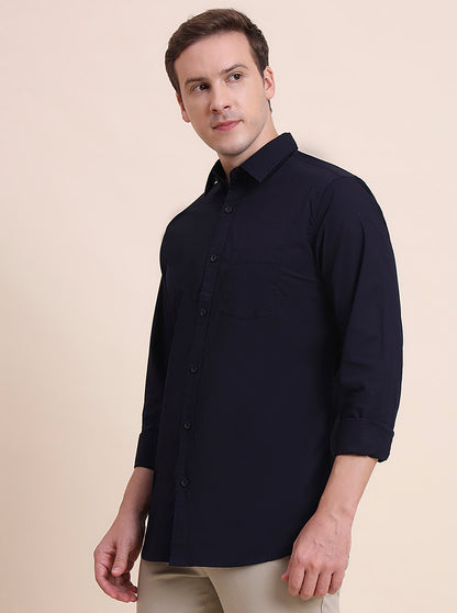 Navy Blue Solid Slim Fit Casual Shirt | JadeBlue