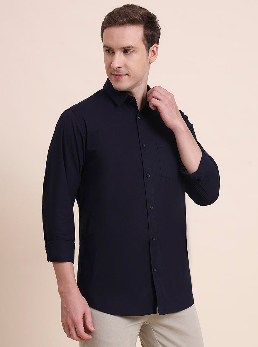 Navy Blue Solid Slim Fit Casual Shirt | JadeBlue