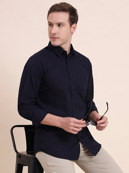 Navy Blue Solid Slim Fit Casual Shirt | JadeBlue