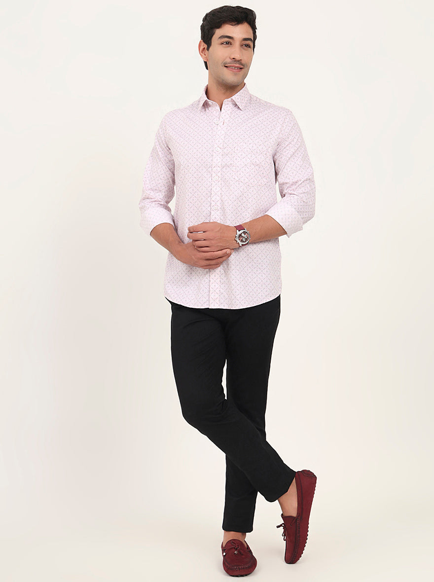 Light Pink Printed Slim Fit Semi Casual Shirt | JadeBlue