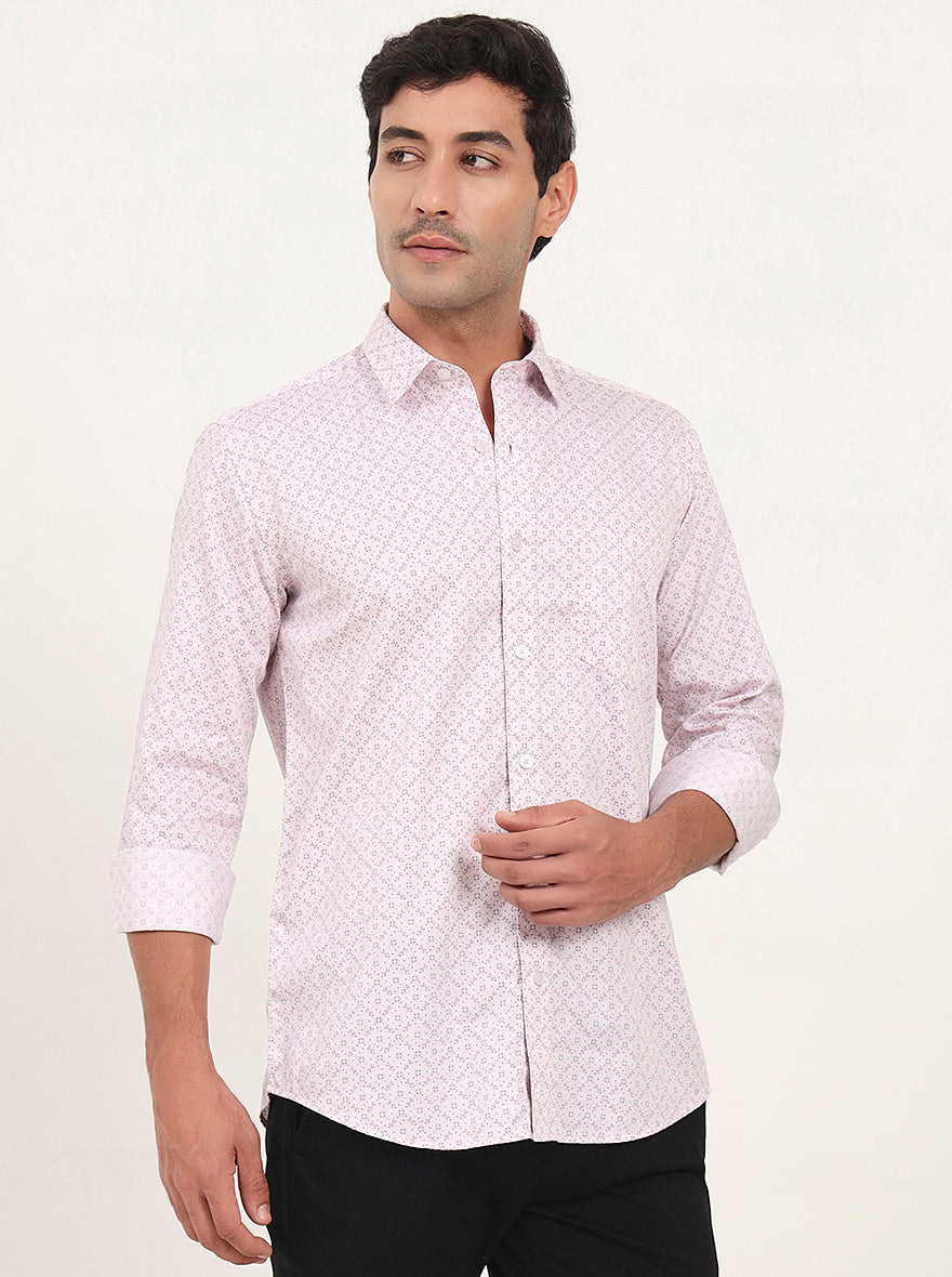 Light Pink Printed Slim Fit Semi Casual Shirt | JadeBlue